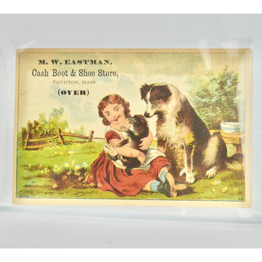 M. W. Eastman Cash Boot Shoe Store Victorian Trade Card Girl Dogs